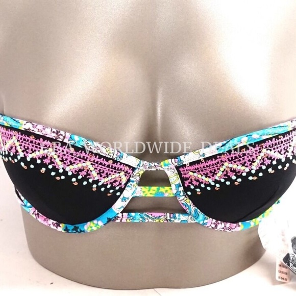 Victoria's Secret Black w/ Bali Embroidery Strappy Flirt Bandeau Swim Top - Picture 1 of 2